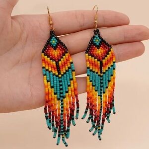 Vibrant Red and Yellow Chevron Beaded Earrings